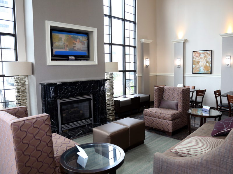 Hotel lobby seating and fireplace area